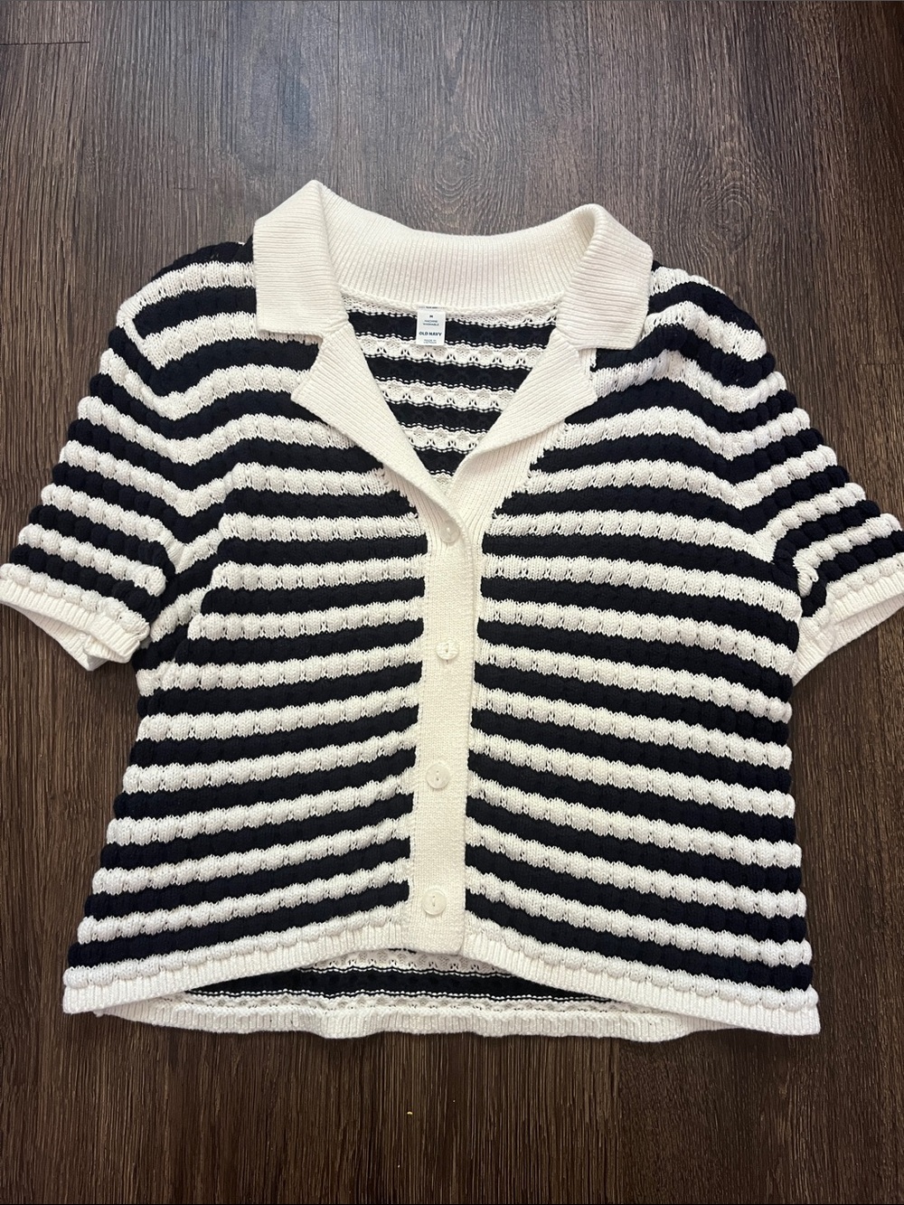 Navy and White Striped Knit Button-Up Polo